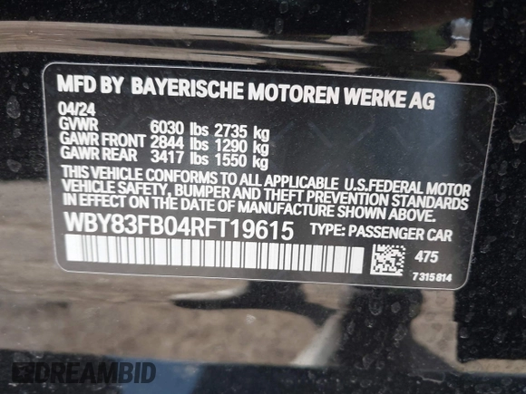 2024 BMW i4 xDrive40 z VIN WBY83FB04RFT19615, wystawiony jako IAAI lot #41679918 z przebiegiem 3 883 mil mil oraz . Historia ofert i sprzedaży dostępna na DreamBid. Obrazek 9.