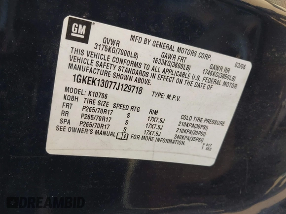 2007 GMC Yukon z VIN 1GKEK13077J129718, wystawiony jako IAAI lot #42449926 z przebiegiem 265 031 mil mil oraz . Historia ofert i sprzedaży dostępna na DreamBid. Obrazek 9.