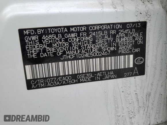 2014 Lexus IS 250 z VIN JTHCF1D24E5002467, wystawiony jako Copart lot #51273035 z przebiegiem 183 331 mil mil oraz Szkoda całkowita • Salvage title. Historia ofert i sprzedaży dostępna na DreamBid. Obrazek 12.