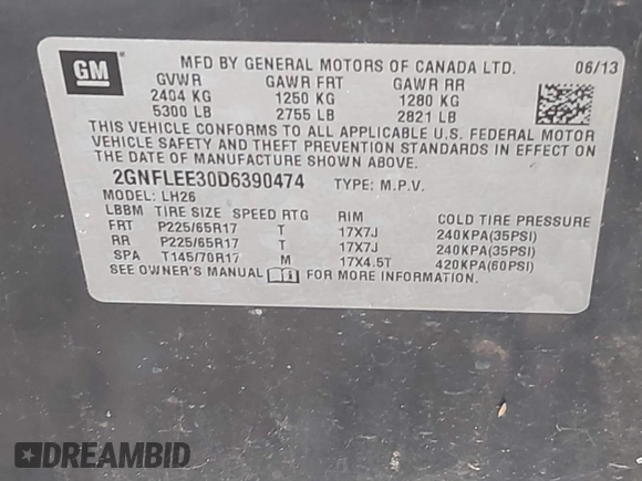 2013 Chevrolet Equinox LT with VIN 2GNFLEE30D6390474, listed as a IAAI auction lot 41546791 with 215,758 mi miles. Bid and sale history available at carsss.com. Image 9.