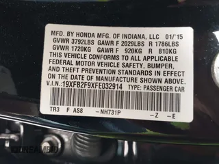 2015 Honda Civic EX-L with VIN 19XFB2F9XFE032914, listed as a IAAI auction lot 42093489 with 79,228 mi miles. Bid and sale history available at carsss.com. Image 9.