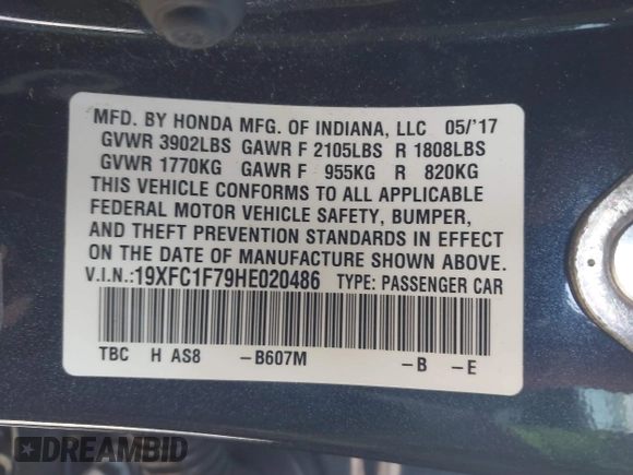2017 Honda Civic Sedan EX-L with VIN 19XFC1F79HE020486, listed as a IAAI auction lot 41694311 with 77,391 mi miles. Bid and sale history available at carsss.com. Image 9.