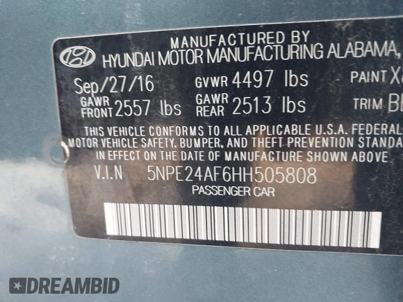 2017 Hyundai Sonata 2.4L with VIN 5NPE24AF6HH505808, listed as a IAAI auction lot 41890430 with 78,425 mi miles and . Bid and sale history available at DreamBid. Image 9.