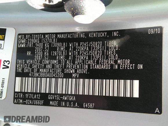 2010 Toyota Venza with VIN 4T3BK3BB0AU045200, listed as a IAAI auction lot 41813981 with Not Provided miles and . Bid and sale history available at carsss.com. Image 9.
