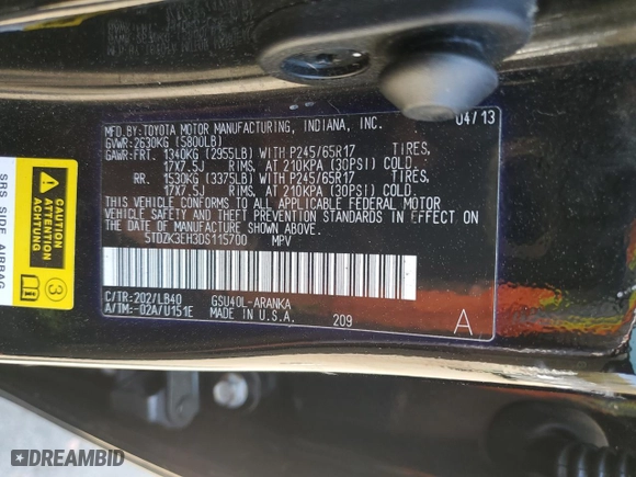 2013 Toyota Highlander with VIN 5TDZK3EH3DS115700, listed as a Copart auction lot 50518195 with 104,040 mi miles and Salvage Title. Bid and sale history available at carsss.com. Image 13.
