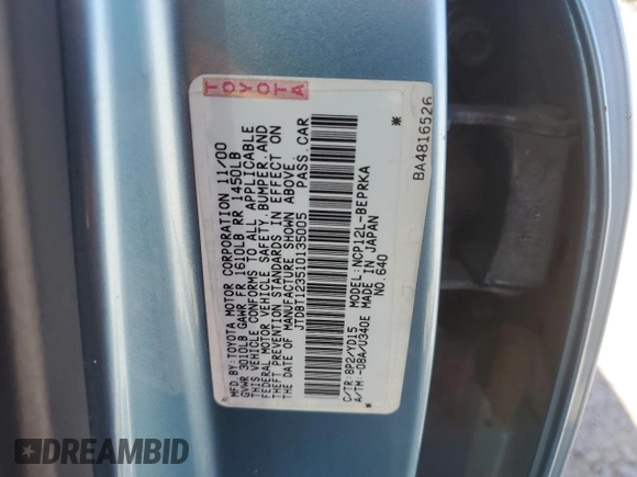 2001 Toyota ECHO with VIN JTDBT123510135005, listed as a Copart auction lot 53647015 with 161,788 mi miles and Non Repairable. Bid and sale history available at DreamBid. Image 12.