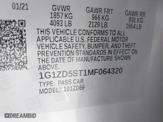 2021 Chevrolet Malibu LT with VIN 1G1ZD5ST1MF064320, listed as a IAAI auction lot 41866613 with 81,220 mi miles. Bid and sale history available at carsss.com. Image 9.