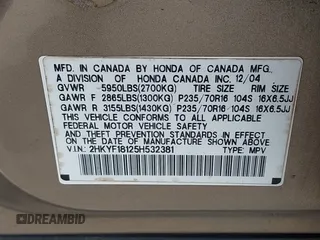 2005 Honda Pilot LX z VIN 2HKYF18125H532381, wystawiony jako IAAI lot #42054852 z przebiegiem 236 410 mil mil oraz . Historia ofert i sprzedaży dostępna na DreamBid. Obrazek 9.