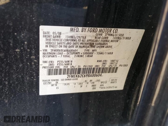 2009 Ford Flex SEL with VIN 2FMEK62C69BA00604, listed as a Copart auction lot 48396285 with 169,415 mi miles and Clean Title. Bid and sale history available at carsss.com. Image 12.