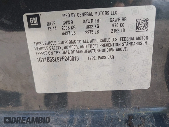 2015 Chevrolet Malibu LS with VIN 1G11B5SL9FF240018, listed as a IAAI auction lot 42153992 with 160,417 mi miles and . Bid and sale history available at DreamBid. Image 9.