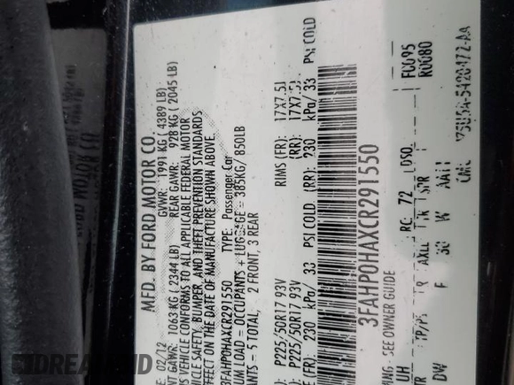 2012 Ford Fusion SE with VIN 3FAHP0HAXCR291550, listed as a Copart auction lot 52867765 with 134,162 mi miles and Salvage title. Bid and sale history available at DreamBid. Image 14.