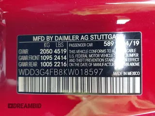 2019 Mercedes-Benz A 220 with VIN WDD3G4FB8KW018597, listed as a IAAI auction lot 41242218 with 37,144 mi miles and . Bid and sale history available at DreamBid. Image 9.
