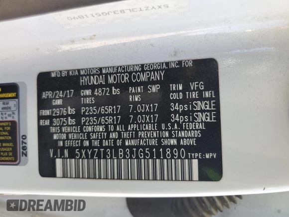 2018 Hyundai Santa Fe 2.4L with VIN 5XYZT3LB3JG511890, listed as a Copart auction lot 65801515 with 127,484 mi miles and Clean title. Bid and sale history available at DreamBid. Image 13.