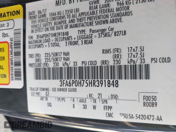 2017 Ford Fusion SE with VIN 3FA6P0H75HR391848, listed as a IAAI auction lot 40239061 with 173,515 mi miles. Bid and sale history available at carsss.com. Image 9.