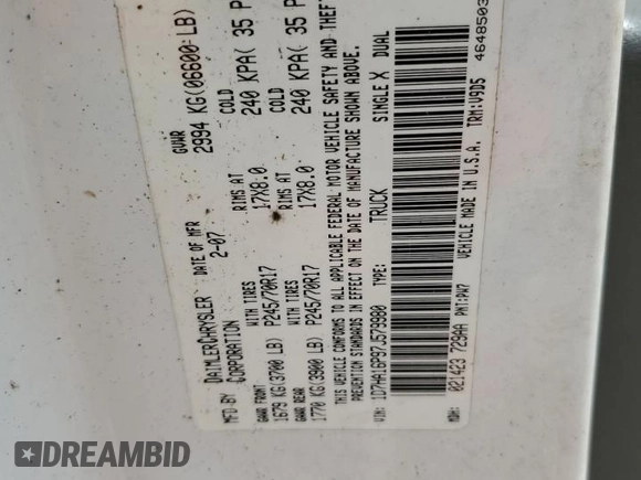 2007 Dodge 1500 SLT with VIN 1D7HA16P97J579980, listed as a Copart auction lot 51543835 with Not Provided miles and Clean Title. Bid and sale history available at DreamBid. Image 12.