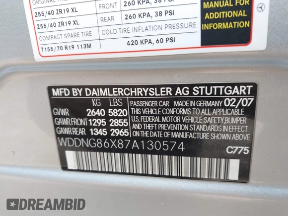2007 Mercedes-Benz S 550 with VIN WDDNG86X87A130574, listed as a IAAI auction lot 41446793 with 130,606 mi miles and . Bid and sale history available at DreamBid. Image 9.
