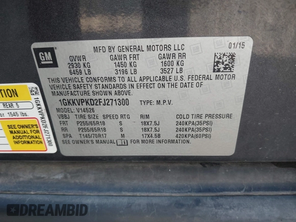 2015 GMC Acadia SLE with VIN 1GKKVPKD2FJ271300, listed as a IAAI auction lot 41662243 with 213,835 mi miles. Bid and sale history available at carsss.com. Image 9.