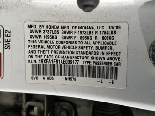 2010 Honda Civic Sdn EX with VIN 19XFA1F81AE009177, listed as a Copart auction lot 46409245 with 186,234 mi miles and Salvage Title. Bid and sale history available at carsss.com. Image 14.