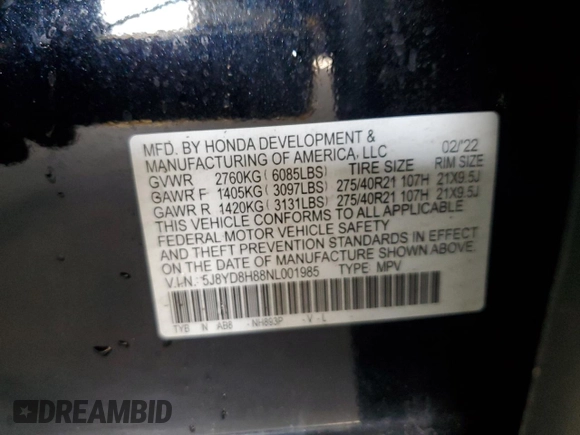 2022 Acura MDX Type S w/Advance Package with VIN 5J8YD8H88NL001985, listed as a Copart auction lot 70295564 with 35,651 mi miles and Salvage Title. Bid and sale history available at carsss.com. Image 13.