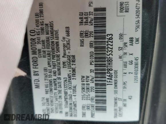 2015 Ford Mustang EcoBoost with VIN 1FA6P8TH8F5322263, listed as a Copart auction lot 59040525 with 102,815 mi miles and Salvage title. Bid and sale history available at DreamBid. Image 12.