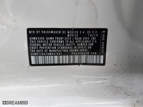 2019 Volkswagen Golf GTI S with VIN 3VW5T7AU7KM037597, listed as a Copart auction lot 80936054 with NaN miles and Salvage Title. Bid and sale history available at carsss.com. Image 13.