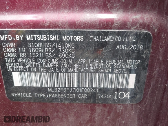 2019 Mitsubishi Mirage ES z VIN ML32F3FJ7KHF00241, wystawiony jako IAAI lot #42237453 z przebiegiem 69 105 mil mil oraz . Historia ofert i sprzedaży dostępna na DreamBid. Obrazek 9.