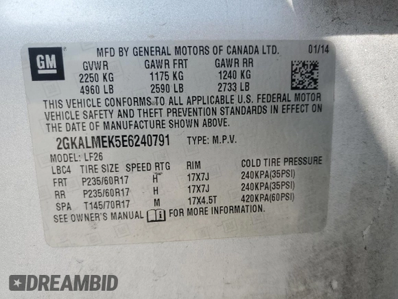 2014 GMC Terrain SLE z VIN 2GKALMEK5E6240791, wystawiony jako Copart lot #64633925 z przebiegiem 146 350 mil mil oraz Czysty tytuł • Clean title. Historia ofert i sprzedaży dostępna na DreamBid. Obrazek 13.
