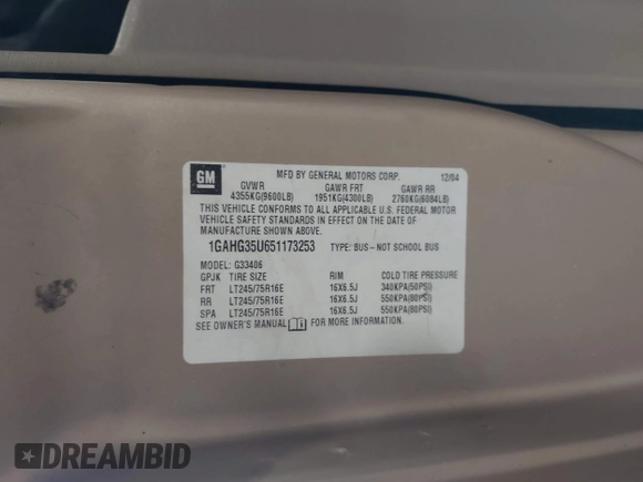 2005 Chevrolet Express Passenger with VIN 1GAHG35U651173253, listed as a IAAI auction lot 41966197 with 368,386 mi miles and . Bid and sale history available at DreamBid. Image 9.