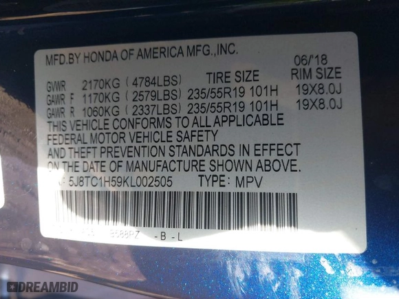 2019 Acura RDX w/Technology Pkg with VIN 5J8TC1H59KL002505, listed as a IAAI auction lot 41441302 with 137,330 mi miles. Bid and sale history available at carsss.com. Image 9.