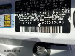 2019 Kia Sorento LX with VIN 5XYPGDA39KG540003, listed as a Copart auction lot 45834465 with 117,334 mi miles and Salvage Title. Bid and sale history available at DreamBid. Image 13.