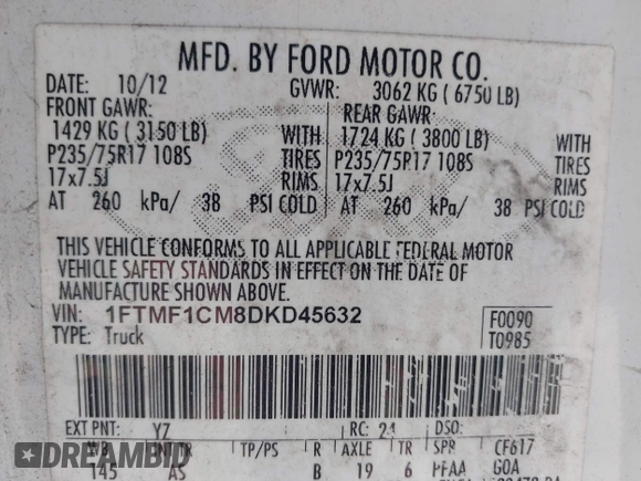 2013 Ford F-150 XL z VIN 1FTMF1CM8DKD45632, wystawiony jako IAAI lot #42644086 z przebiegiem 192 267 mil mil oraz . Historia ofert i sprzedaży dostępna na DreamBid. Obrazek 9.