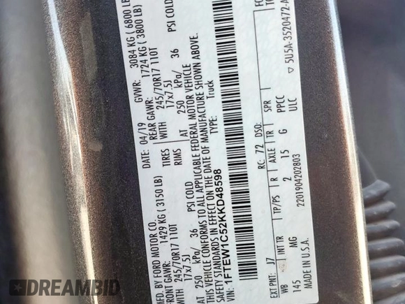 2019 Ford F-150 XL with VIN 1FTEW1C52KKD48598, listed as a Copart auction lot 52421275 with 224,682 mi miles and Salvage Title. Bid and sale history available at DreamBid. Image 13.