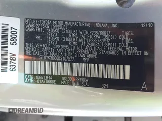 2011 Toyota Sienna XLE AAS with VIN 5TDYK3DC0BS107522, listed as a IAAI auction lot 41722324 with 171,855 mi miles and . Bid and sale history available at DreamBid. Image 9.