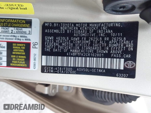 2012 Toyota Camry L with VIN 4T4BF1FK2CR162801, listed as a IAAI auction lot 41200566 with 130,071 mi miles. Bid and sale history available at carsss.com. Image 9.