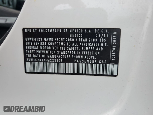 2015 Volkswagen Jetta S with VIN 3VW1K7AJ7FM223203, listed as a Copart auction lot 51891325 with 134,544 mi miles and Salvage title. Bid and sale history available at DreamBid. Image 12.