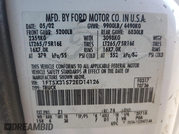 2002 Ford F-350 XL with VIN 1FTSX31S72ED14126, listed as a Copart auction lot 82688484 with 202,780 mi miles and Salvage Title. Bid and sale history available at DreamBid. Image 12.
