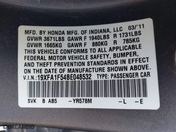 2011 Honda Civic Sdn LX with VIN 19XFA1F54BE048532, listed as a IAAI auction lot 41636667 with 117,065 mi miles. Bid and sale history available at carsss.com. Image 9.