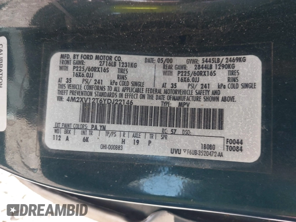 2000 Mercury Villager Sport z VIN 4M2XV12T6YDJ22146, wystawiony jako IAAI lot #42121588 z przebiegiem 215 695 mil mil oraz . Historia ofert i sprzedaży dostępna na DreamBid. Obrazek 9.