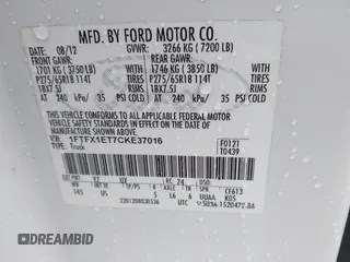 2012 Ford F-150 XL with VIN 1FTFX1ET7CKE37016, listed as a IAAI auction lot 41313215 with 98,180 mi miles. Bid and sale history available at carsss.com. Image 9.