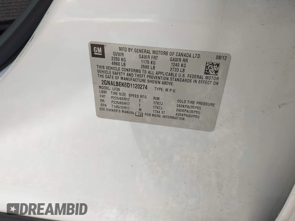 2013 Chevrolet Equinox LS with VIN 2GNALBEK6D1120274, listed as a IAAI auction lot 42218366 with 184,652 mi miles and . Bid and sale history available at DreamBid. Image 9.