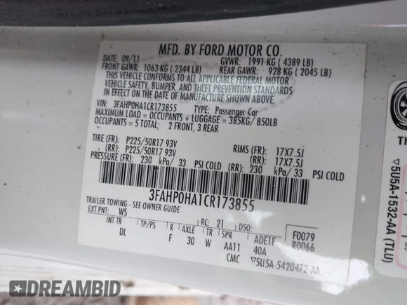 2012 Ford Fusion SE with VIN 3FAHP0HA1CR173855, listed as a IAAI auction lot 41574744 with 1 mi miles. Bid and sale history available at carsss.com. Image 9.
