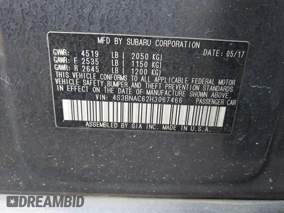 2017 Subaru Legacy Premium with VIN 4S3BNAC62H3067466, listed as a IAAI auction lot 42129220 with 184,131 mi miles and . Bid and sale history available at DreamBid. Image 9.