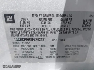 2015 Chevrolet Silverado 1500 LS with VIN 1GCRCPEH8FZ362121, listed as a IAAI auction lot 42046372 with 62,004 mi miles. Bid and sale history available at carsss.com. Image 9.