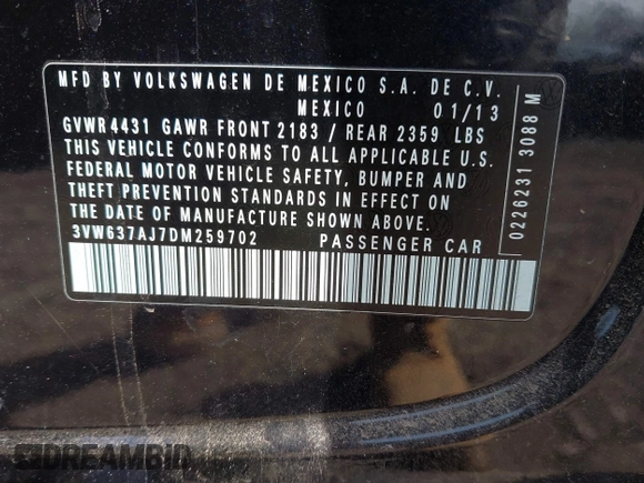 2013 Volkswagen Jetta Hybrid SE with VIN 3VW637AJ7DM259702, listed as a IAAI auction lot 41799247 with Not provided miles and . Bid and sale history available at DreamBid. Image 9.