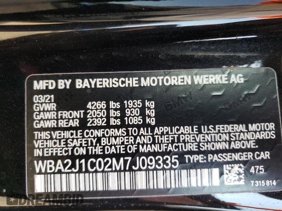 2021 BMW 2 Series 230i with VIN WBA2J1C02M7J09335, listed as a Copart auction lot 50540813 with 32,108 mi miles. Bid and sale history available at carsss.com. Image 12.