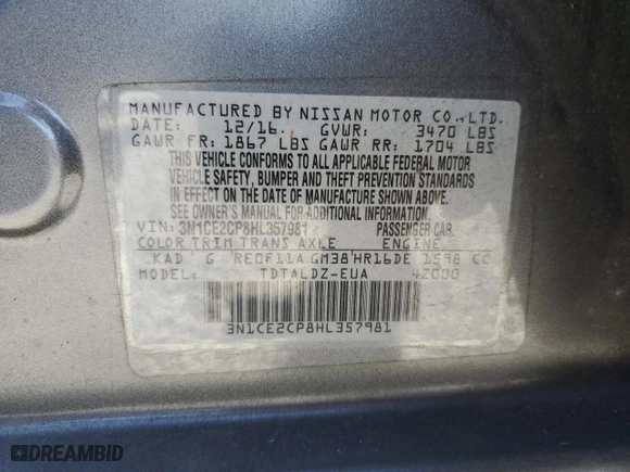 2017 Nissan Versa Note SV with VIN 3N1CE2CP8HL357981, listed as a Copart auction lot 49789985 with 79,929 mi miles and Salvage Title. Bid and sale history available at carsss.com. Image 15.