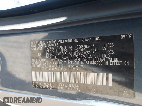 2007 Toyota Sequoia Limited with VIN 5TDBT48A67S291504, listed as a IAAI auction lot 41613824 with 139,089 mi miles and . Bid and sale history available at DreamBid. Image 9.