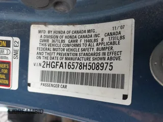 2008 Honda Civic LX z VIN 2HGFA16578H508975, wystawiony jako IAAI lot #42281442 z przebiegiem 140 982 mil mil oraz . Historia ofert i sprzedaży dostępna na DreamBid. Obrazek 9.