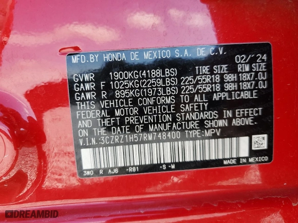 2024 Honda HR-V Sport with VIN 3CZRZ1H57RM748400, listed as a Copart auction lot 45259435 with 41,863 mi miles and Salvage Title. Bid and sale history available at carsss.com. Image 15.