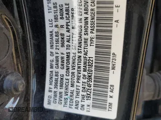 2019 Honda Insight EX with VIN 19XZE4F59KE018221, listed as a Copart auction lot 50454905 with Not Provided miles and Salvage Title. Bid and sale history available at DreamBid. Image 12.